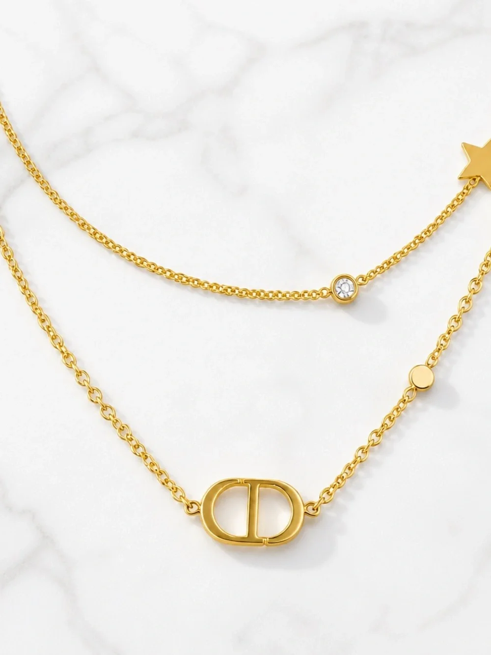 Gold Double-Layer Star & Link Pendant Necklace